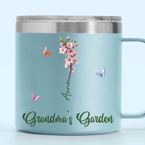 Her Garden Grows With Laughter & Little Feet - Family Personalized Custom 14oz Stainless Steel Tumbler With Handle - Mother's Day, Gift For Mom, Grandma