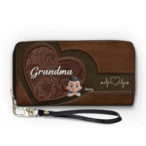 Love Stitched Into Every Hug - Family Personalized Custom Leather Long Wallet - Mother's Day, Gift For Mom, Grandma