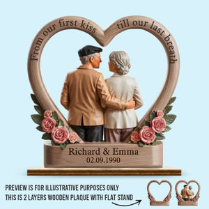 From Our First Kiss Till Our Last Breath - Couple Personalized Custom Shaped 2-Layered Wooden Plaque With Flat Stand - House Warming Gift For Husband Wife, Anniversary