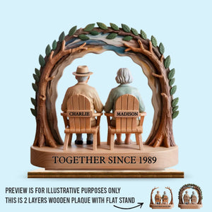 Growing Old Together, Side By Side - Couple Personalized Custom Shaped 2-Layered Wooden Plaque With Flat Stand - House Warming Gift For Husband Wife, Anniversary