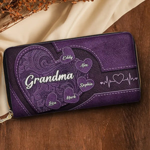 Hold My Hand, Hold My Heart - Family Personalized Custom Leather Long Wallet - Mother's Day, Gift For Mom, Grandma