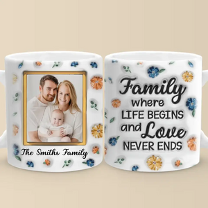 Custom Photo Family Where Love Never Ends - Family Personalized Custom 3D Inflated Effect Printed Mug - Gift For Family Members