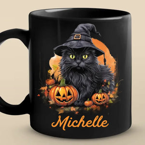 Witchy Whiskers And Spooky Purrs - Cat Personalized Custom Black Mug - Halloween Gift For Pet Owners, Pet Lovers