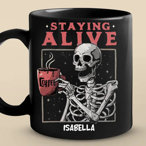 Feeling Fabulous, Down To The Bone - Family Personalized Custom Black Mug - Halloween Gift For Family Members