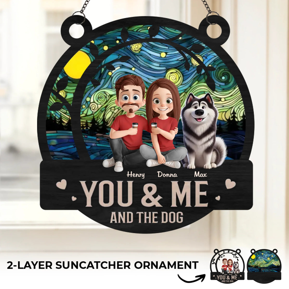 Happiness Is You, Me And The Dog - Couple Personalized Window Hanging Suncatcher - Gift For Husband Wife, Anniversary, Pet Owners, Pet Lovers