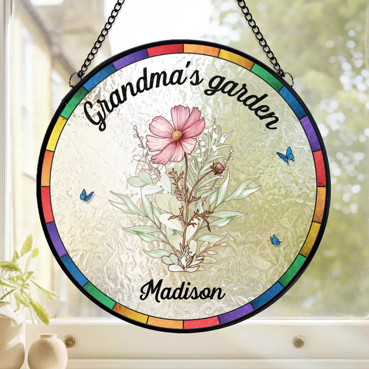 Growing Love, One Flower At A Time - Family Personalized Custom Stained Glass Window Hanging Suncatcher - Mother's Day, Gift For Mom, Grandma