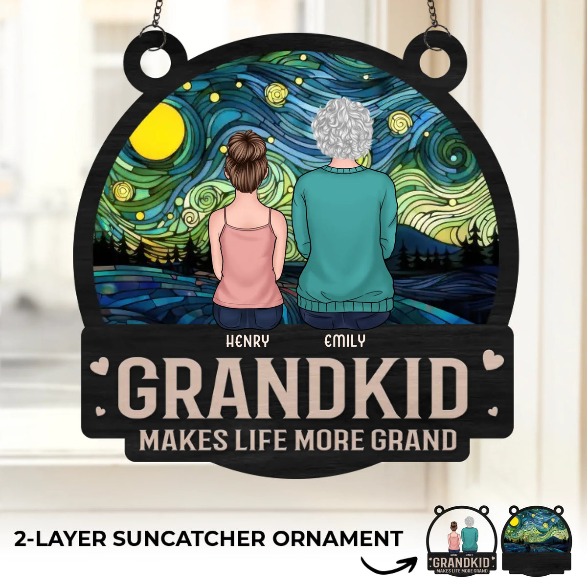 Built With Love, Blessed With Grandkids - Family Personalized Window Hanging Suncatcher Ornament - Mother's Day, Gift For Mom, Grandma