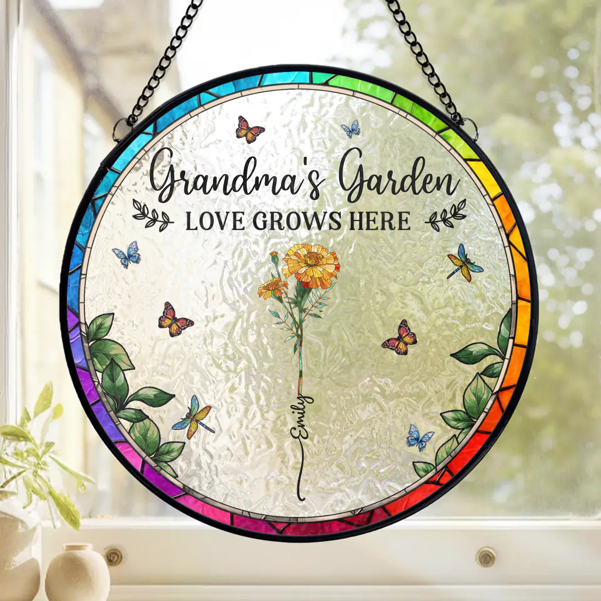 Where Flowers Bloom, Love Grows - Family Personalized Custom Stained Glass Window Hanging Suncatcher - Mother's Day, Gift For Mom, Grandma