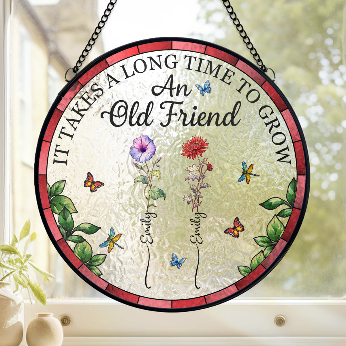 Blooming Together Through The Years - Bestie Personalized Custom Stained Glass Window Hanging Suncatcher - Gift For Best Friends, BFF, Sisters